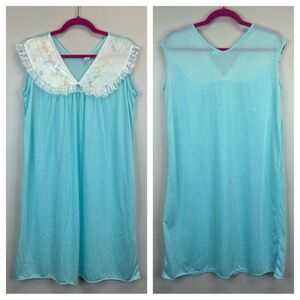 Women's Vintage Light Blue Nightgown with Lace Trim Polyester Soft Sleepwear